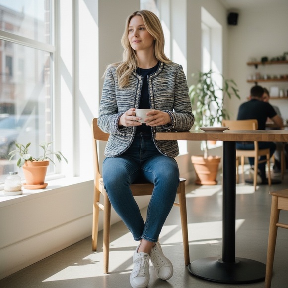 Tahari Textured Blazer in Navy and Cream - Picture 2 of 5